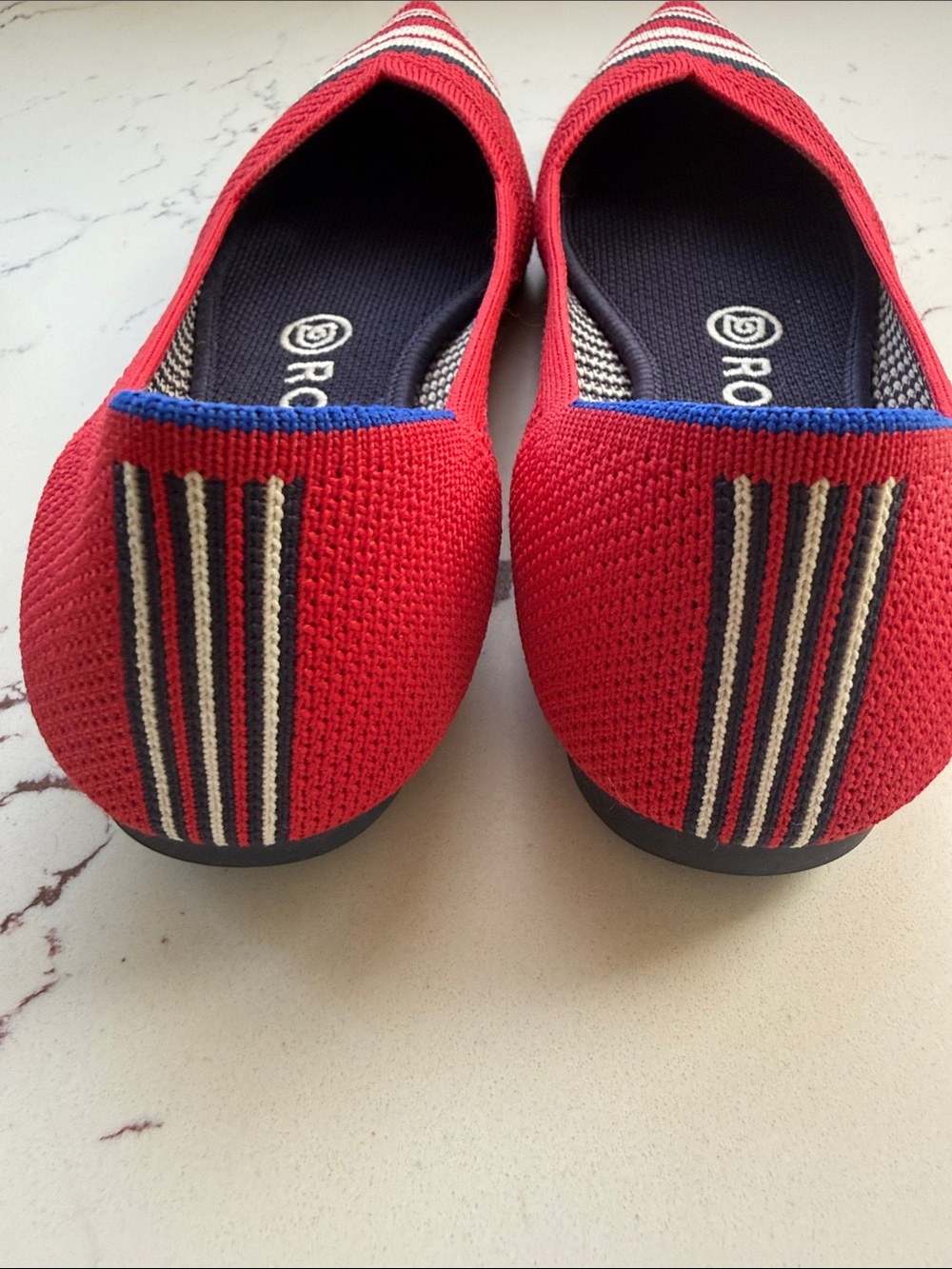 Rothy's Red Pointed Knit Flats with Navy & White Stripes - Picture 2 of 5